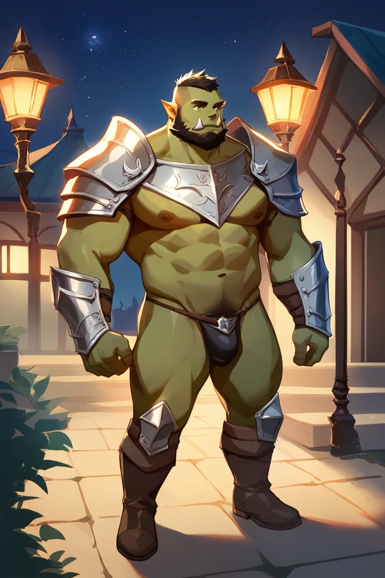 score_9, score_8_up, score_7_up, solo, male focus, bulk male, orc, green skin, tusks, beard, outdoors, micro armor , shoulder armor, breastplate, upper body, closed mouth, pauldrons, night, night sky, standing , boots , (black g-string) , full body , black boots ,