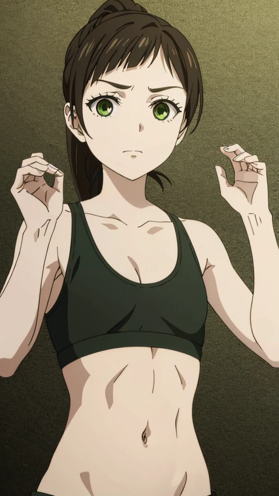 masterpiece, highres, solo, 8k, detailed, perfect face, best quality, (ultra high quality), looking viewers, (armpit), collarbone, bare arm, small breast, cleavage, dark brown hair, ponytail hair, green eyes, belly, stomach, navel, abs, midriff, slim body, upper body, emotionless, flat face, at forest, hands up