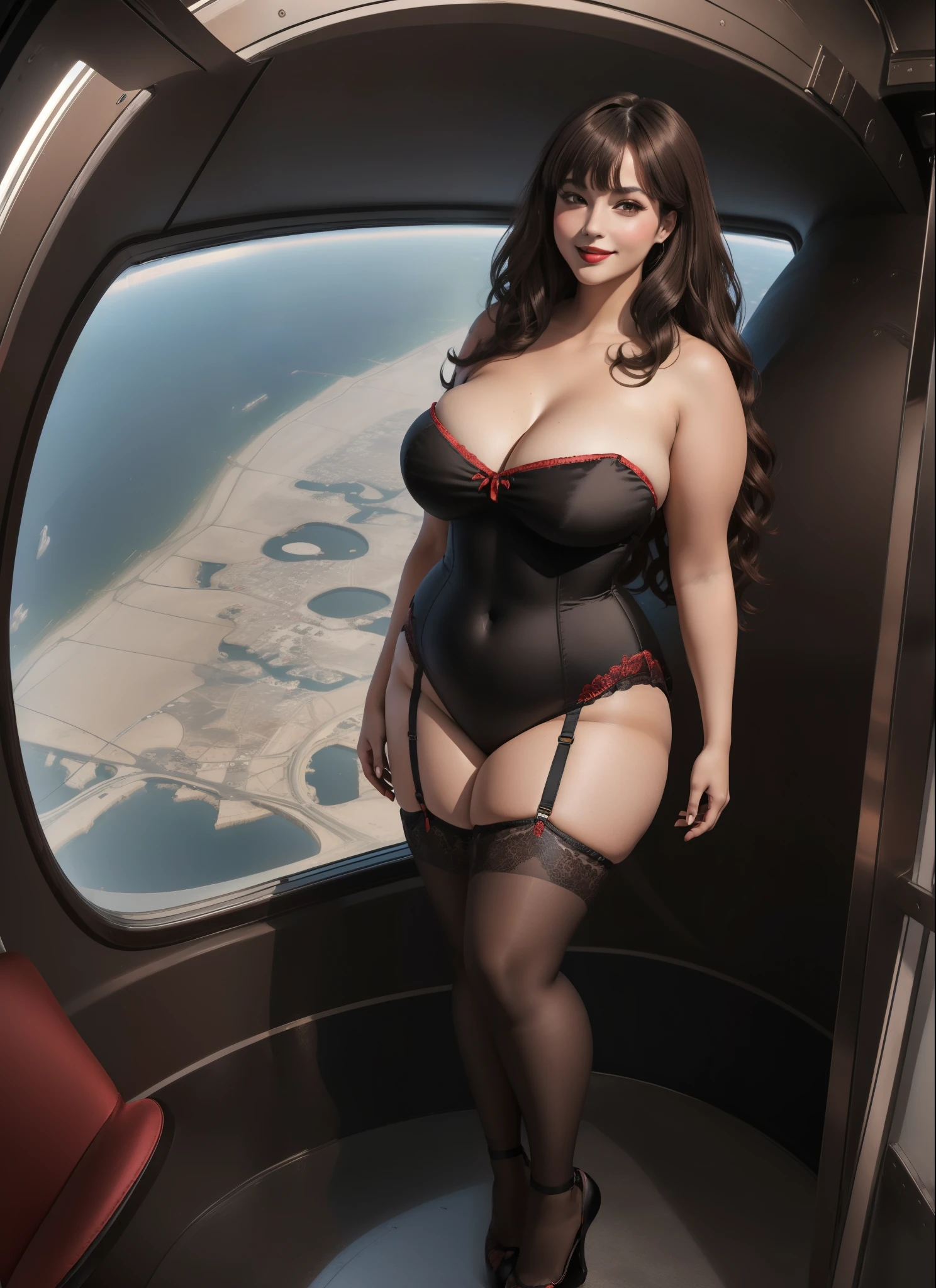 (((1girl))) DisneyAurora, 27 years old, full body view Beautiful woman (((long wavy brown hair, two side up with bangs))) defined body, voluptuous, sexy, Red lipstick, smiling, (((standing facing camera))), ((( strapless, black satin leotard with lace trim and matching heels))), in the observation lounge of an orbiting space station by a large picture window, (large_breasts:1.5) (curvy:1.4)(chubby:1.1)