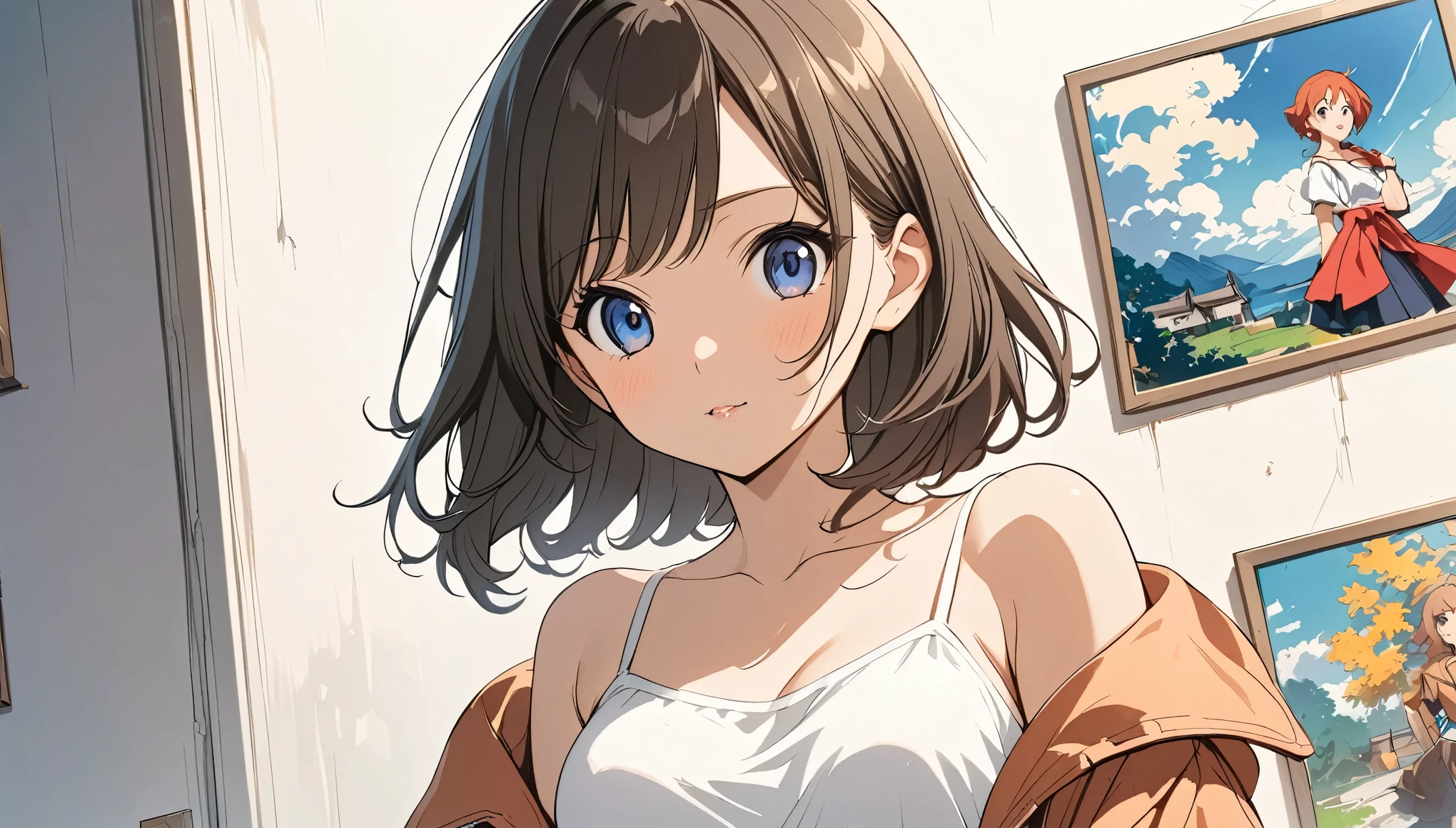 female,short camisole,crop shirt,Off shoulders,white,Art, anime,illustration