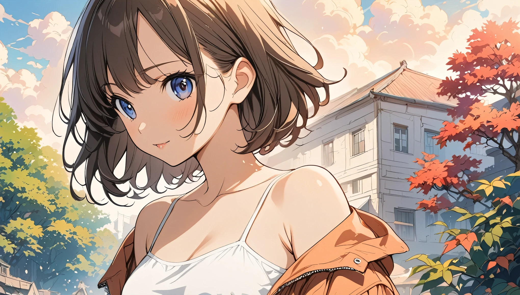  female，short camisole，crop shirt，Off shoulders，white，Art， anime，illustration