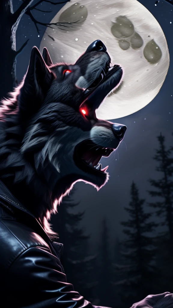 Posing, Male, 30 years old, (howling at the moon:1.8), black leather jacket, anthro, wolf ears, (black fur:1.5), wolf, forest background at night, 8k, hi res, (best quality, masterpiece), red glowing eyes, (wolf tail:1.5), detailed fur, realistic,