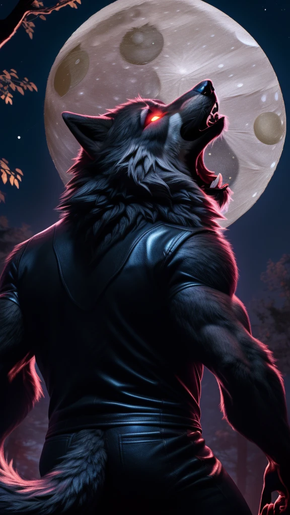 Posing, Male, 30 years old, (howling at the moon:1.8), black leather jacket, anthro, wolf ears, (black fur:1.5), wolf, forest background at night, 8k, hi res, (best quality, masterpiece), red glowing eyes, (wolf tail:1.5), detailed fur, realistic,