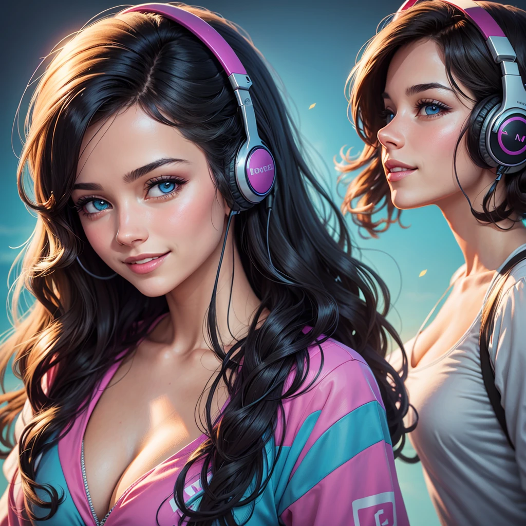 An oil painting of a smiling woman's face, listening to music with modern headphones, in a retrowave style. The woman has fair skin, long wavy black hair, and blue eyes. Her smile is subtle and conveys serenity. The headphones are modern, sleek, and neon blue. The background is simple and uncluttered, focusing entirely on the woman and her serene expression. The painting should capture the essence of the retrowave aesthetic with bright colors and bold, nostalgic elements.