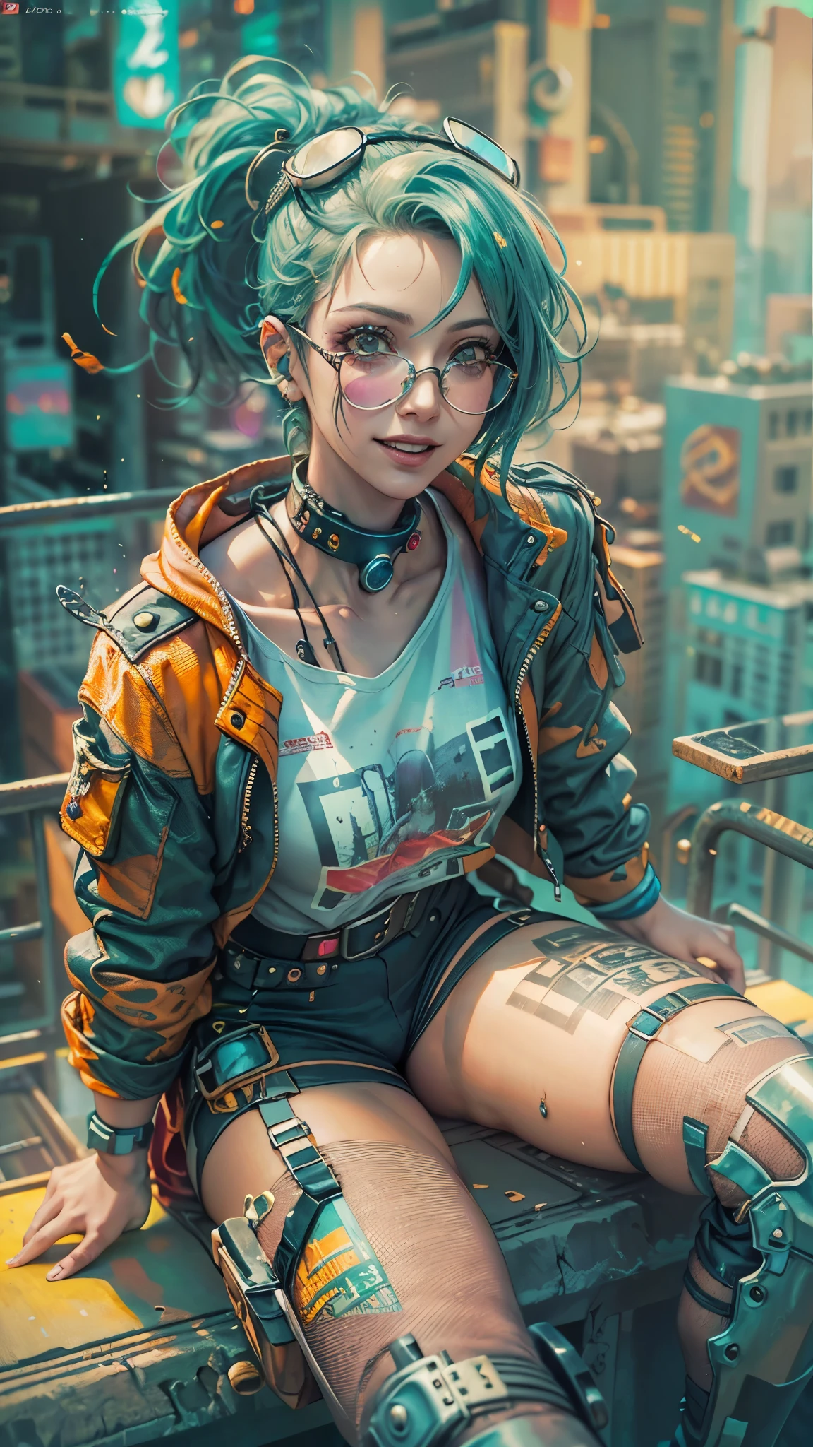 A young girl with vibrant green hair, cyberpunk style cyborg girl, appears overexcited and very happy, wearing round glasses, in a sexy pose with tied hair, manga style, beautiful detailed face, colorful summer clothes, highly realistic, vibrant colors, dynamic point of view, looking directly at the camera, sunset background, (best quality,4k,8k,highres,masterpiece:1.2),ultra-detailed,(realistic,photorealistic,photo-realistic:1.37)