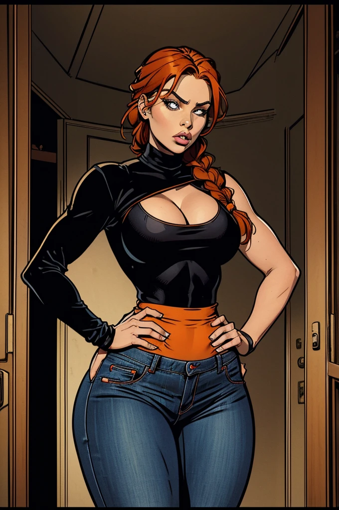 1 female, hourglass figure, pouty look, housewife, cleavage, Black turtleneck, small waist, thick thighs, orange hair, braided, hands on hips, tight jeans, masterpiece, slanty eyes, realistic lips, masterpiece, 4k.
