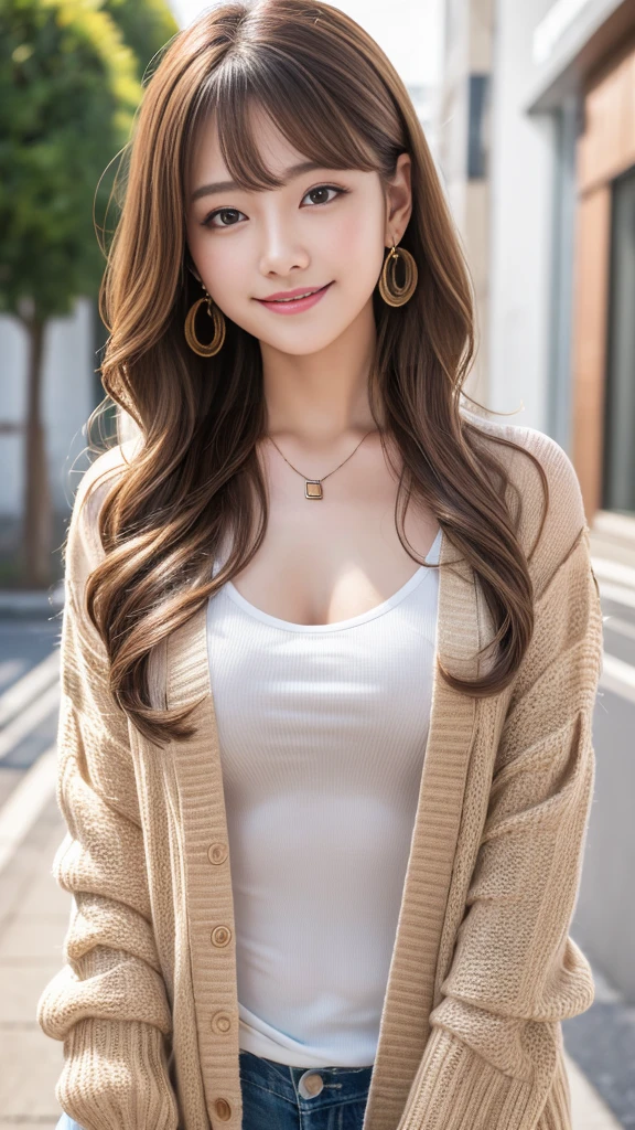 Ultra-high resolution, Superior Quality, Highest quality, Very detailed, Realistic, 8K, RAW Photos, Highest quality, masterpiece, Attractive girl, Awesome girl, Light brown hair、Wavy Hair、 hairstyle semi long、Mesh Hair, Japanese Idols, ear piercing、Necklace around the neck、cardigan、smile
