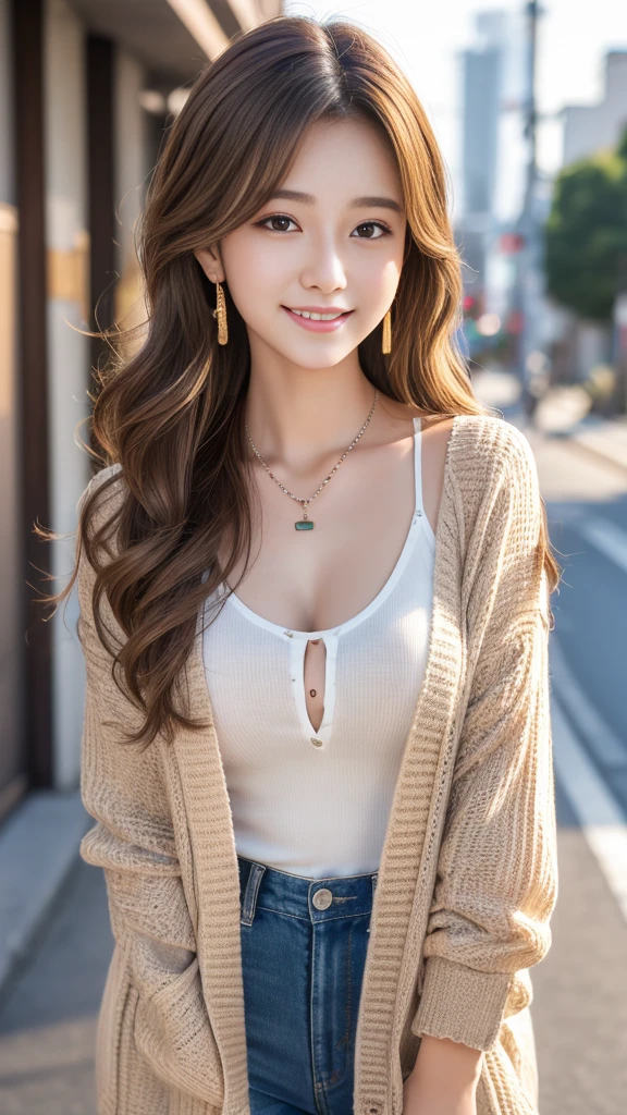 Ultra-high resolution, Superior Quality, Highest quality, Very detailed, Realistic, 8K, RAW Photos, Highest quality, masterpiece, Attractive girl, Awesome girl, Light brown hair、Wavy Hair、 hairstyle semi long、Mesh Hair, Japanese Idols, ear piercing、Necklace around the neck、cardigan、smile