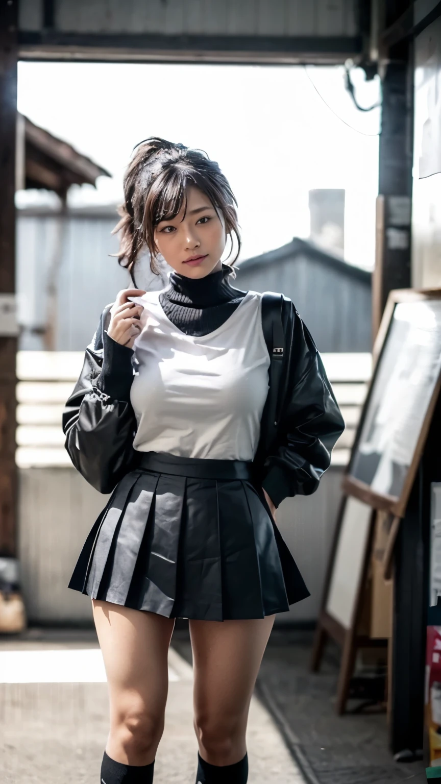 (Black tight turtleneck:1.4、(black pleated mini skirt:1.4、flare skirt)、(Black knee-high socks:1.2、High socks that go above the knee)、(the visible part of someone's thighs between their skirt or shorts and their knee-high socks:1.34、Absolute area))、(Realistic、Like a photograph、Live Action、8K, Photorealistic, RAW Photos, Best image quality: 1.4), Single-lens reflex camera、RAW Photos, Highest quality, Realistic, Highly detailed CG Unity 8K wallpaper, Written boundary depth, Cinematic Light, Lens flare, Ray Tracing, Realistic background、((Ultra-dense skin))、 1 female,Cute busty Japanese woman、Japanese office lady at work、((whole body:1.5),View the computer:1.1、Short Ponytail:1.2、I like that style、Stylish、Very detailed、Pay attention to the details、The perfect outfit、(Dark Skin)、Beautiful legs:1.1,Are standing、View from below、Accurate hands、Accurate legs、Detailed hand and fingers、Anatomically correct body、Thin thighs、High heels