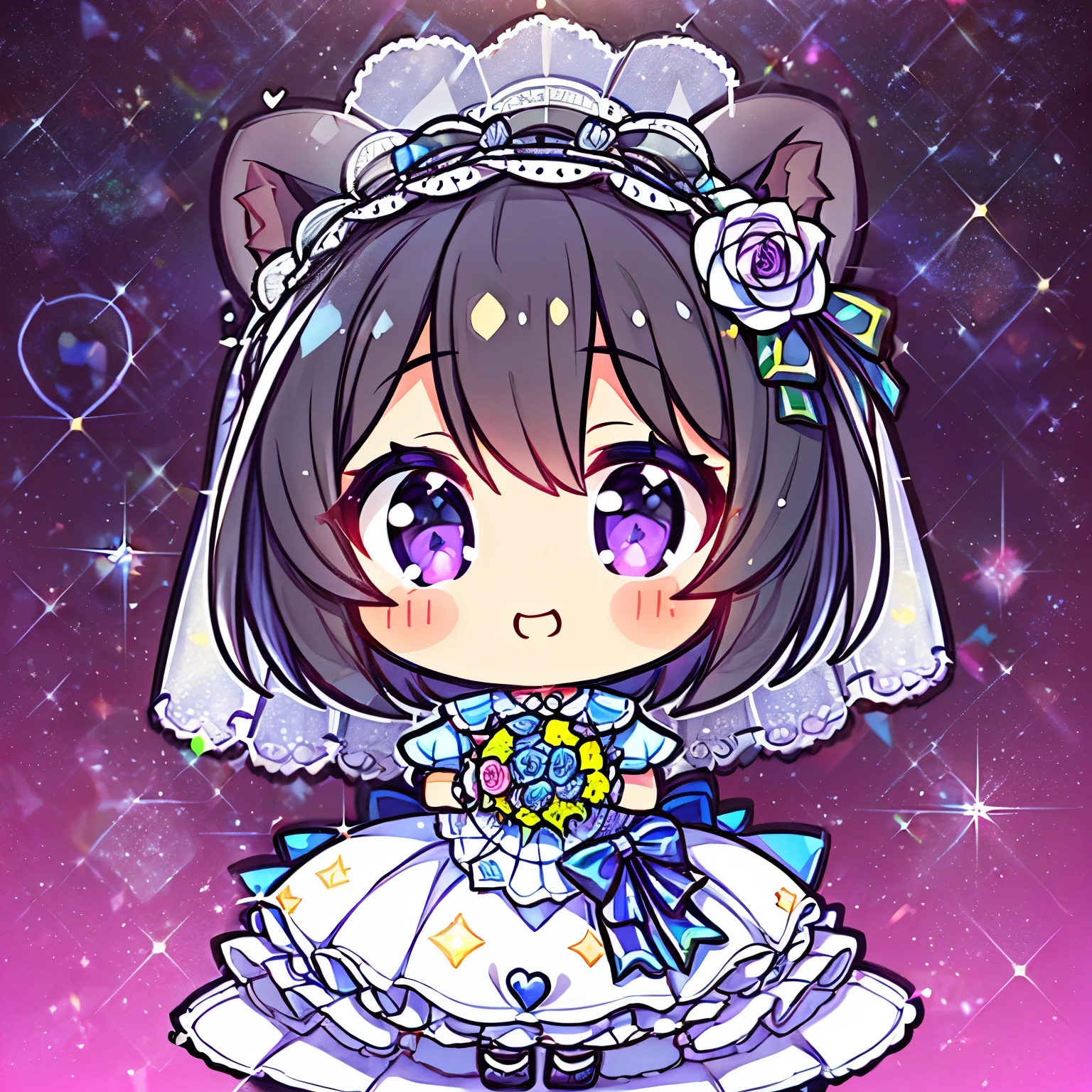 {worst quality, low quality}, chibi, nendoroid, muste piece,best quality,Super detailed,masterpiece, (Cinderella Castle:1.3), (Cinderella Castle background:1.2), ((Close-up)), ((face focus)), ((Kemonomimi girl with black bear ears:1.2)), solo, ((Black short hair:1.3)), plump and glossy lips, (Beautiful purple eyes:1.3), spoken word heart, (best smile), spoken word heart, (Cute Pose:1.2), (Wedding dress:1.2), (Blong white face veil:1.4), (holding a bouquet of flowers:1.2), (perfect hands:1.4), ((Shining sunlight:1.4)), (light Particle, light glow, llight rays:1.4), masutepiece,Best Quality,ultra-detailliert, best quality, masterpiece, 32k,