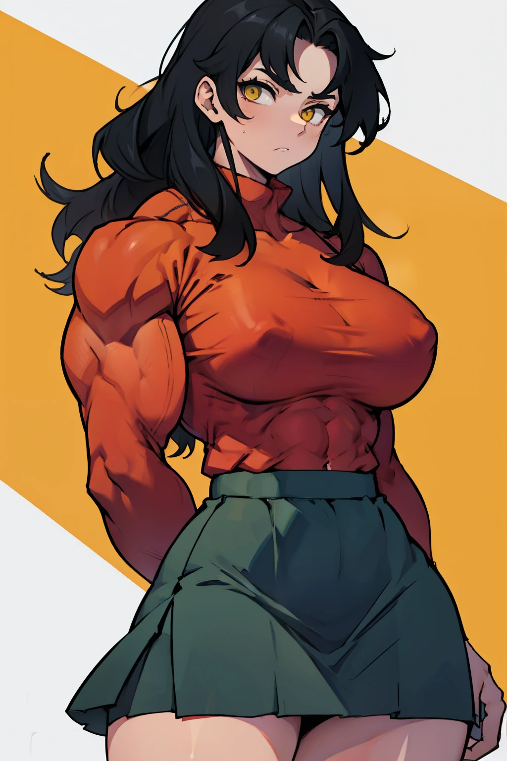 huge muscles huge breasts huge thighs pale skin black hair yellow eyes very long hair muscular girl sad expressionless plated skirt long sleeve tight t-shirt