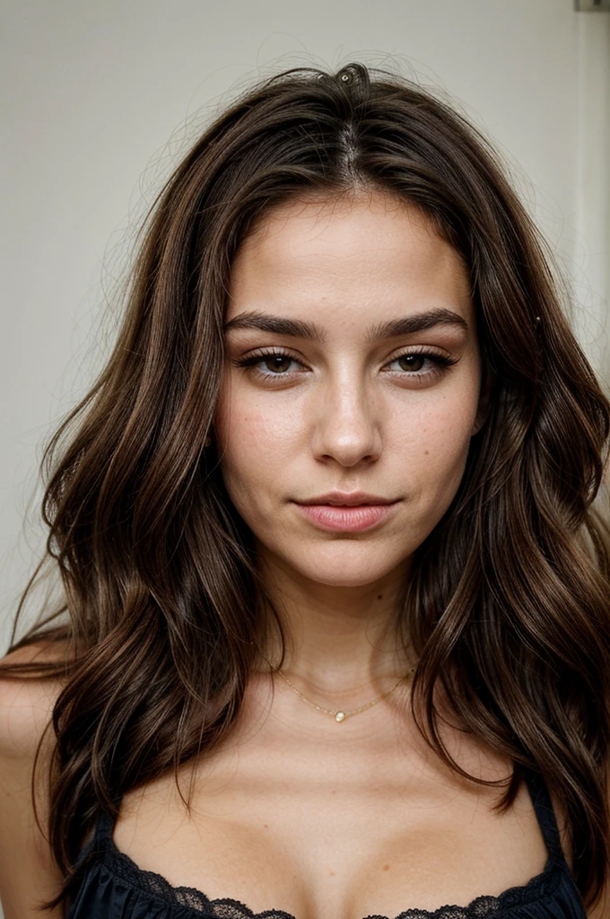 1 fille, fille seulement, de face, face caméra, regarde l'objectif, tête droite, belle, mignonne, excitante, brune, latine, sourcils brossées, yeux marrons clair, très haute qualité, bronzée, visage fin, sentiment amour