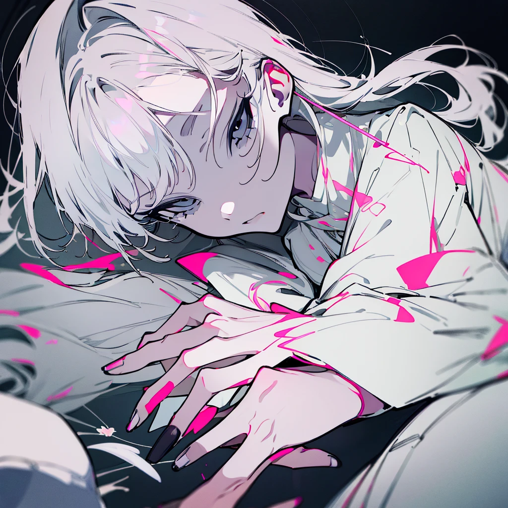 Masterpiece Best Night Full Moon 1 Woman Elder Sister Sister Yu Cold Face Expressionless Silver White Long Hair Woman Light Pink Lips Calm Intelligent Three Stripes Gray Eyes Killer Short Knife, flowers, hand details, Finger details,