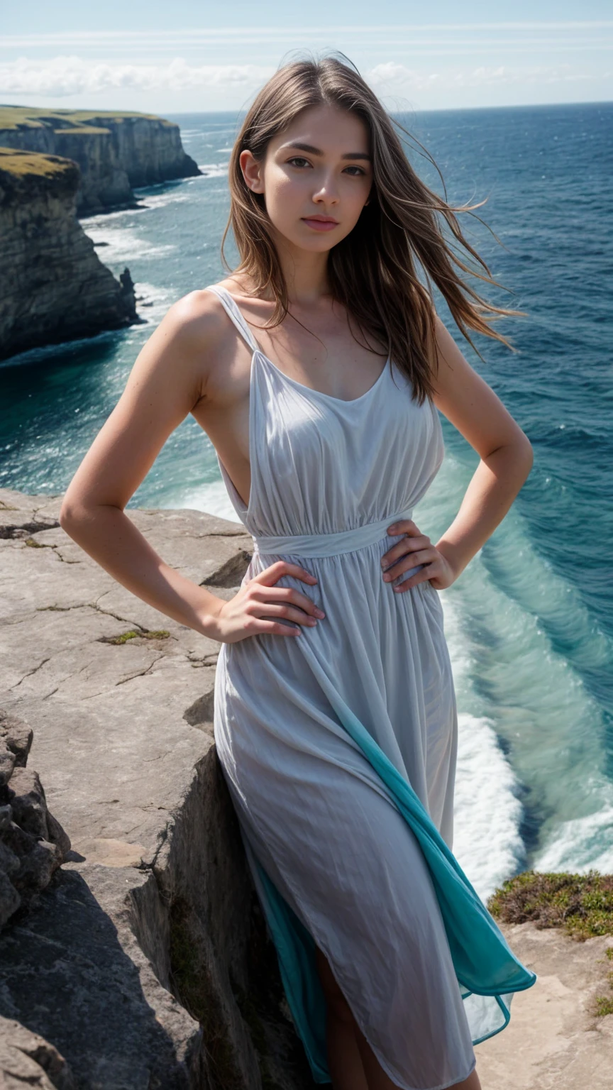 A beautiful european girl, full body, wearing crepe de Chine dress, sky blue dress, Hands on hips on the edge of the Cliffs. She is 24 years old, has white hair and grey eyes. Her cloth is stylish and her overall appearance is stunning. The girl's face is extremely detailed with beautifully detailed lips. Her skin is anatomically correct with realistic textures. The image should have super high details and be of the best quality, with a resolution of 8K. The final result should be a masterpiece, showcasing the girl's beauty and the vibrant atmosphere of the ocean and Cliffs