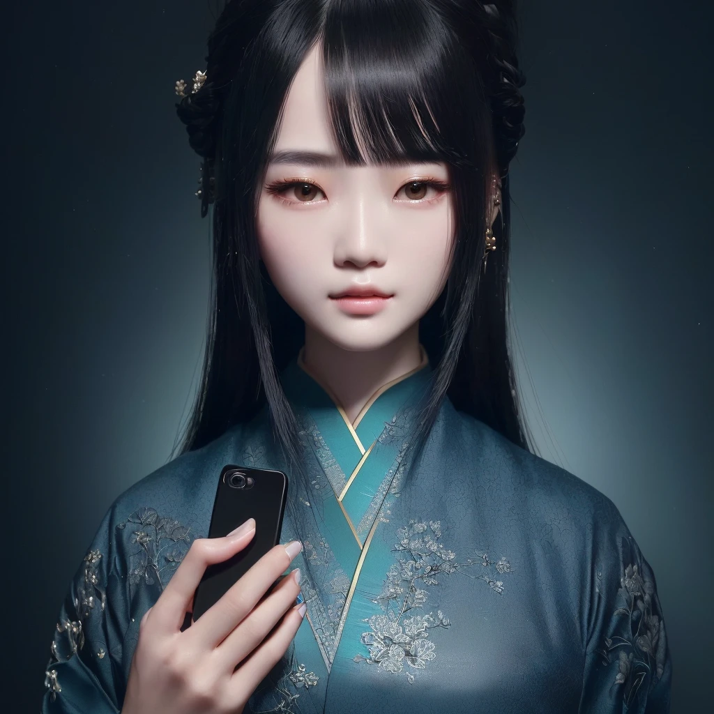 a close-up of a person holding a cell phone in a dark room, trends on cgstation, inspired by Leng Mei, inspired by Cao Buxing, stunning detailed art style, CG game, inspired by Li Shixing, inspired by Li Mei-shu, inspired by Cao Zhibai, High-quality, detailed artwork in 8K, Inspired by Xie He
