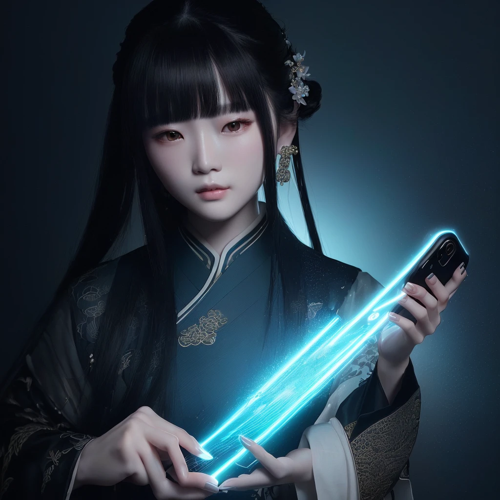 a close-up of a person holding a cell phone in a dark room, trends on cgstation, inspired by Leng Mei, inspired by Cao Buxing, stunning detailed art style, CG game, inspired by Li Shixing, inspired by Li Mei-shu, inspired by Cao Zhibai, High-quality, detailed artwork in 8K, Inspired by Xie He