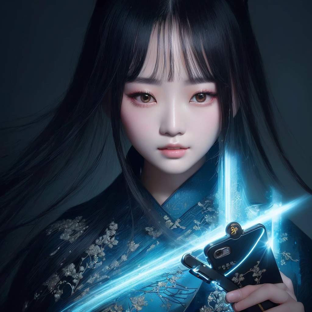 a close-up of a person holding a cell phone in a dark room, trends on cgstation, inspired by Leng Mei, inspired by Cao Buxing, stunning detailed art style, CG game, inspired by Li Shixing, inspired by Li Mei-shu, inspired by Cao Zhibai, High-quality, detailed artwork in 8K, Inspired by Xie He