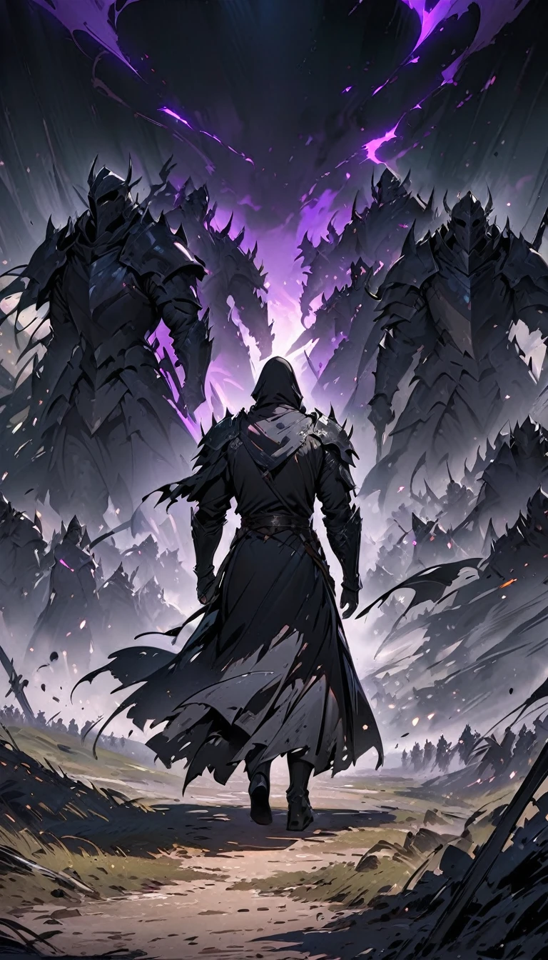 male black shadow ghost knight walking away from a battlefield, shadow, black, knight, ghost knight, full body view, facing front, shadow knight, glowing purple eyes, black smoke, dark, masterpiece, masterpiece lighting, many knights kneeling