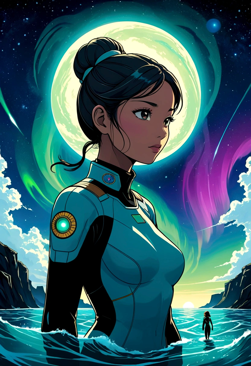 A captivating, manga-style illustration set in the futuristic world of Uranus 2324. The distant planet Uranus is depicted with mesmerizing northern lights, contrasting against the dark and enigmatic ocean below. Two women, one an astronaut (Sarocha Chankimha, with striking Asian features) and the other a freediver (Rebeca P. Armstrong, a British beauty with her hair tied in a bun), are shown as silhouettes, each pursuing their unique passions. Their love, despite the vast distances separating them, serves as an unwavering force that drives their determination to reunite. The artwork masterfully captures the complex emotions of despair, sadness, and unyielding hope, creating a truly touching and memorable scene.