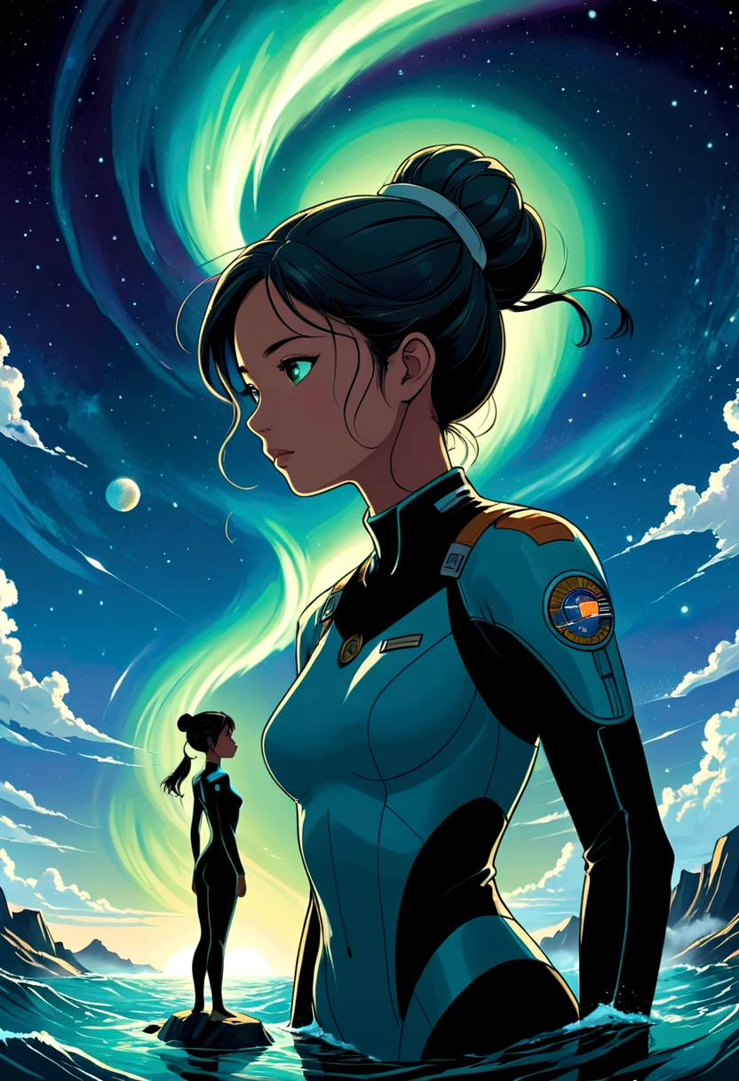 A captivating, manga-style illustration set in the futuristic world of Uranus 2324. The distant planet Uranus is depicted with mesmerizing northern lights, contrasting against the dark and enigmatic ocean below. Two women, one an astronaut (Sarocha Chankimha, with striking Asian features) and the other a freediver (Rebeca P. Armstrong, a British beauty with her hair tied in a bun), are shown as silhouettes, each pursuing their unique passions. Their love, despite the vast distances separating them, serves as an unwavering force that drives their determination to reunite. The artwork masterfully captures the complex emotions of despair, sadness, and unyielding hope, creating a truly touching and memorable scene.