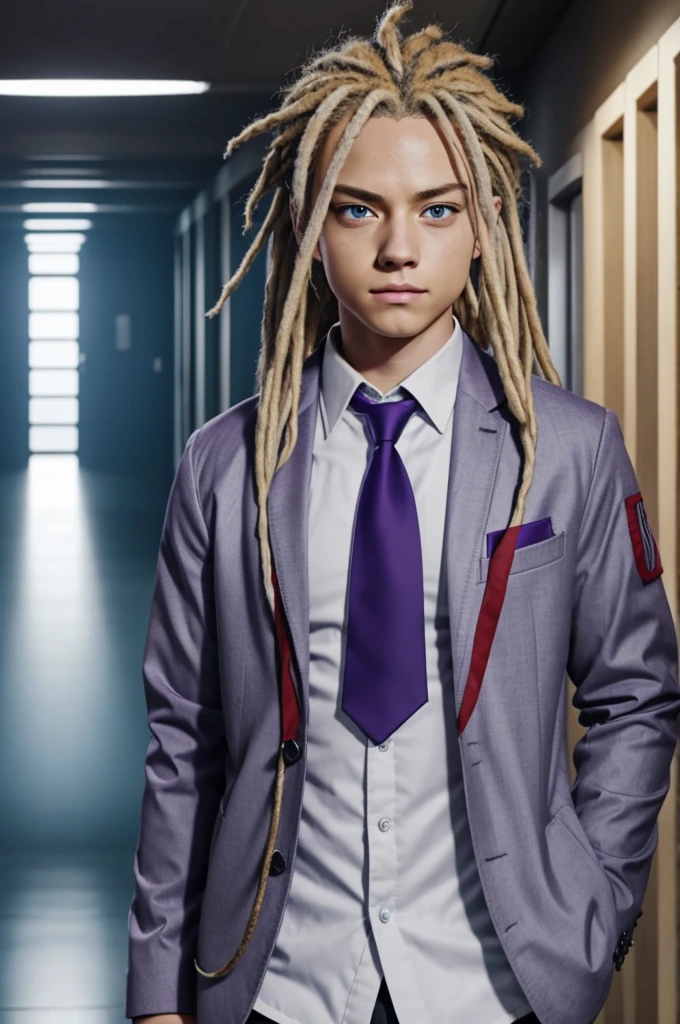 Boku no Hero Academia Screen CAP, very attractive woman, blonde hair with purple highlights and dreadlocks, slanted eyes, light blue eyes , gray jacket with red tie, writing hallway stage, looking at a partner