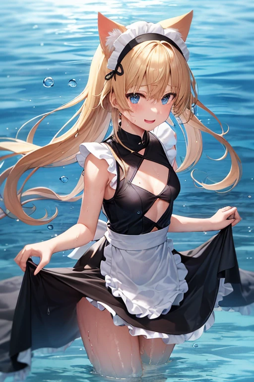 (Super best quality)(Highest quality)(Attention to detail)
Maid clothes, White apron, Headband, (Fashionable clothes)
Gothic Dress, ribbon, Maid clothes, (白と黒のMaid clothes)
Ocean, Beach, (Wave, Wave打ち), 高Wave, 荒Wave, In the water, (Waterlogged), Water Play,
((Even my clothes are wet 1.1))((Even my clothes are soaked in water)), (Water drop 1.1), Soaking wet, ((Deep water depth)) ((Deeply immersed))
Blonde, Blue Eyes, Cat ear, tail, cute, Naughty, The best smile, Water droplets all over the body((全身にWater drop 1.1)), Long, Water drops on my arms, Water drips from the clothes, Small breasts, Less exposure, Floating offshore, The clothes are sinking, cormorant