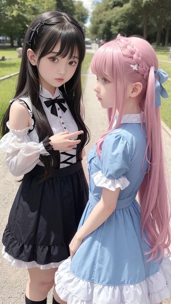 There are two girls、The person on the left is wearing a goth costume with light blue ruffles、The person on the right is pink and wears a goth lolitume inherited by ruffles、Facing each other、Looked、Looking at the camera、japanes、teens giixteen years old、Being in the steppe