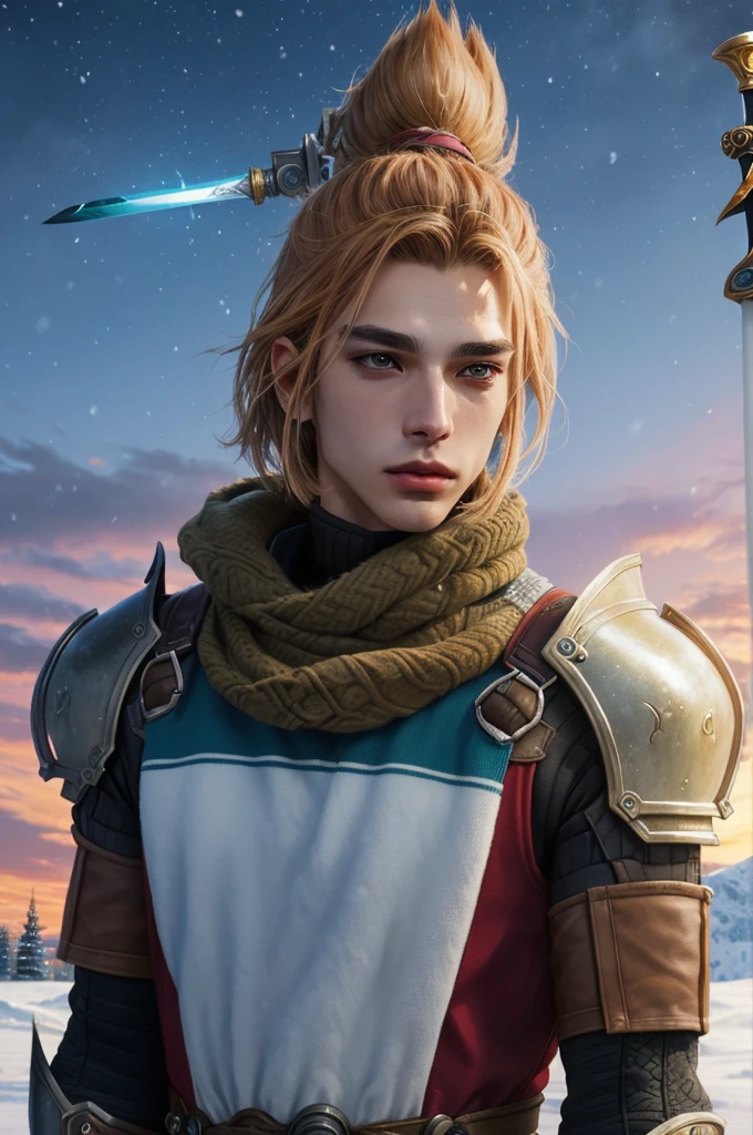 ((best quality)), ((masterpiece)), (detailed), knight , (sci-fi illustration:1.3, longshot pos, mystical sky , bright colors, (detail sci-fi background), (high-resolution:1.2, high res, (winter), xenoblade art style, male, beautiful face, beautiful lips, sword,4k)