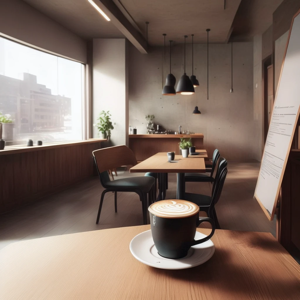 A coffee cup is placed on a table in a restaurant, Photorealistic cinematic rendering, Unreal Engine realistic rendering, unreal 5 engine rendered, オクタン価でのPhotorealistic Rendering, realistic cinema 4 d render, Photorealistic Rendering, Vray 8K Rendering, Cinematic Rendering Unreal Engine, unreal 5 engine render, Architectural Visualization, Vray Rendering, Highly realistic rendering