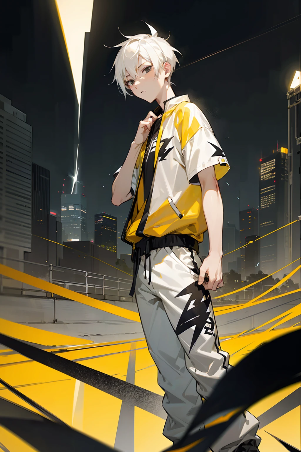 1male, lightning hair, spiked short hair, black eyes, yellow hair, white hair, half yellow half white hair, bored expression, open black and white shirt, joggers, city background, lightning background, detailed background, detailed face, standing on path, hand to side