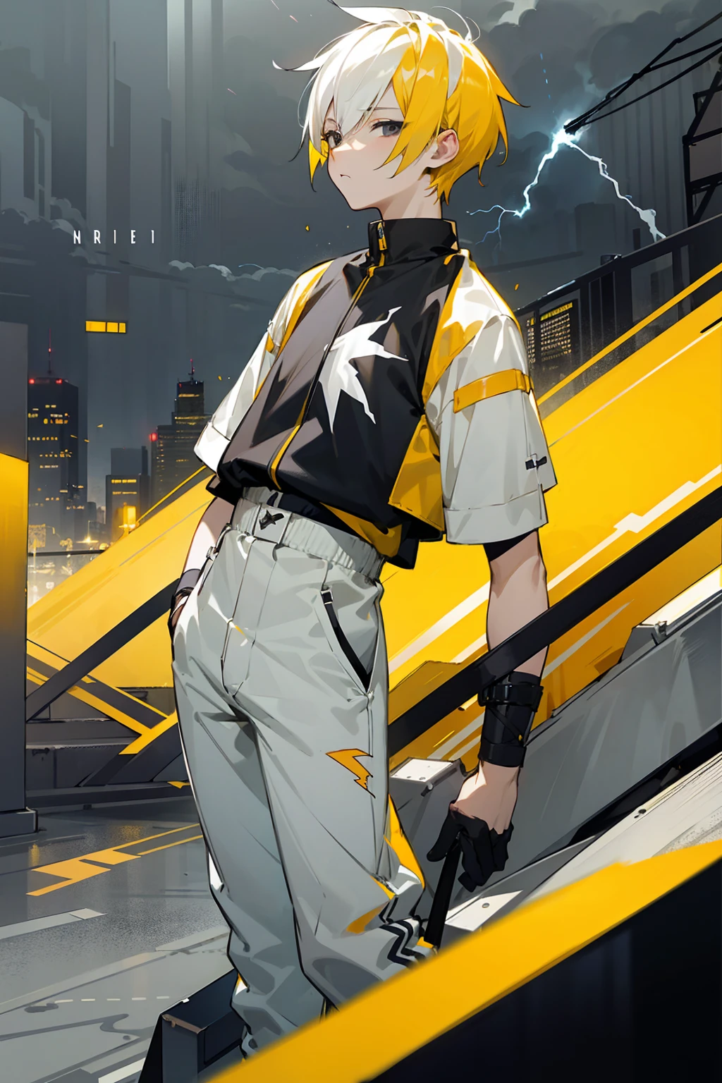 1male, lightning hair, spiked short hair, black eyes, yellow hair, white hair, half yellow half white hair, bored expression, open black and white shirt, joggers, city background, lightning background, detailed background, detailed face, standing on path, hand to side