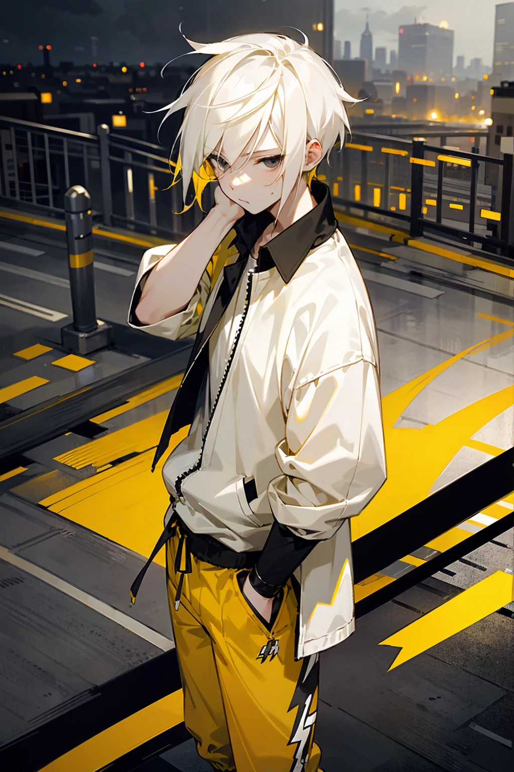 1male, lightning hair, spiked short hair, black eyes, yellow hair, white hair, half yellow half white hair, bored expression, open black and white shirt, joggers, city background, lightning background, detailed background, detailed face, standing on path, hand to side