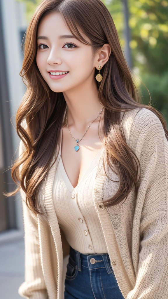Ultra-high resolution, Superior Quality, Highest quality, Very detailed, Realistic, 8K, RAW Photos, Highest quality, masterpiece, Attractive girl, Awesome girl, Light brown hair、Wavy Hair、 hairstyle semi long、Mesh Hair, Japanese Idols, ear piercing、Necklace around the neck、cardigan、smile
