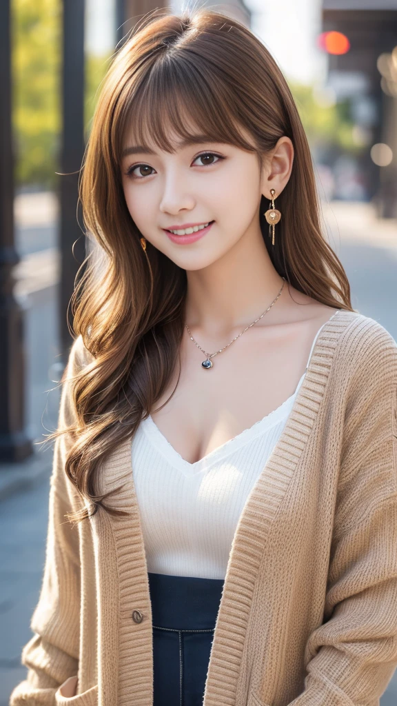 Ultra-high resolution, Superior Quality, Highest quality, Very detailed, Realistic, 8K, RAW Photos, Highest quality, masterpiece, Attractive girl, Awesome girl, Light brown hair、Wavy Hair、 hairstyle semi long、Mesh Hair, Japanese Idols, ear piercing、Necklace around the neck、cardigan、smile