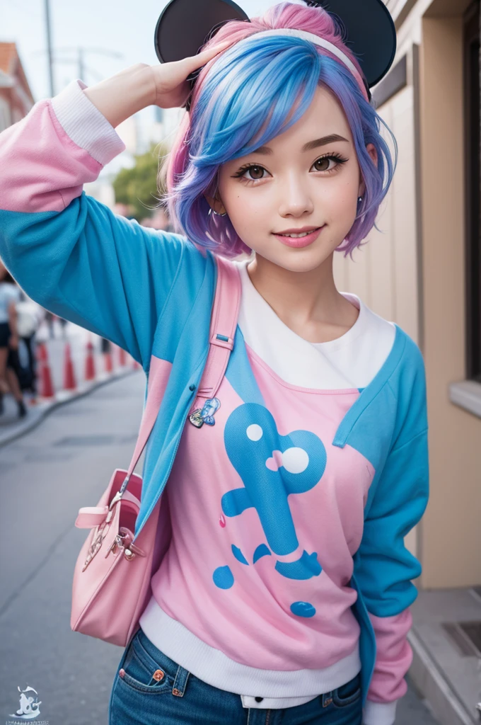 Disney character with playfully blue smart pink hair