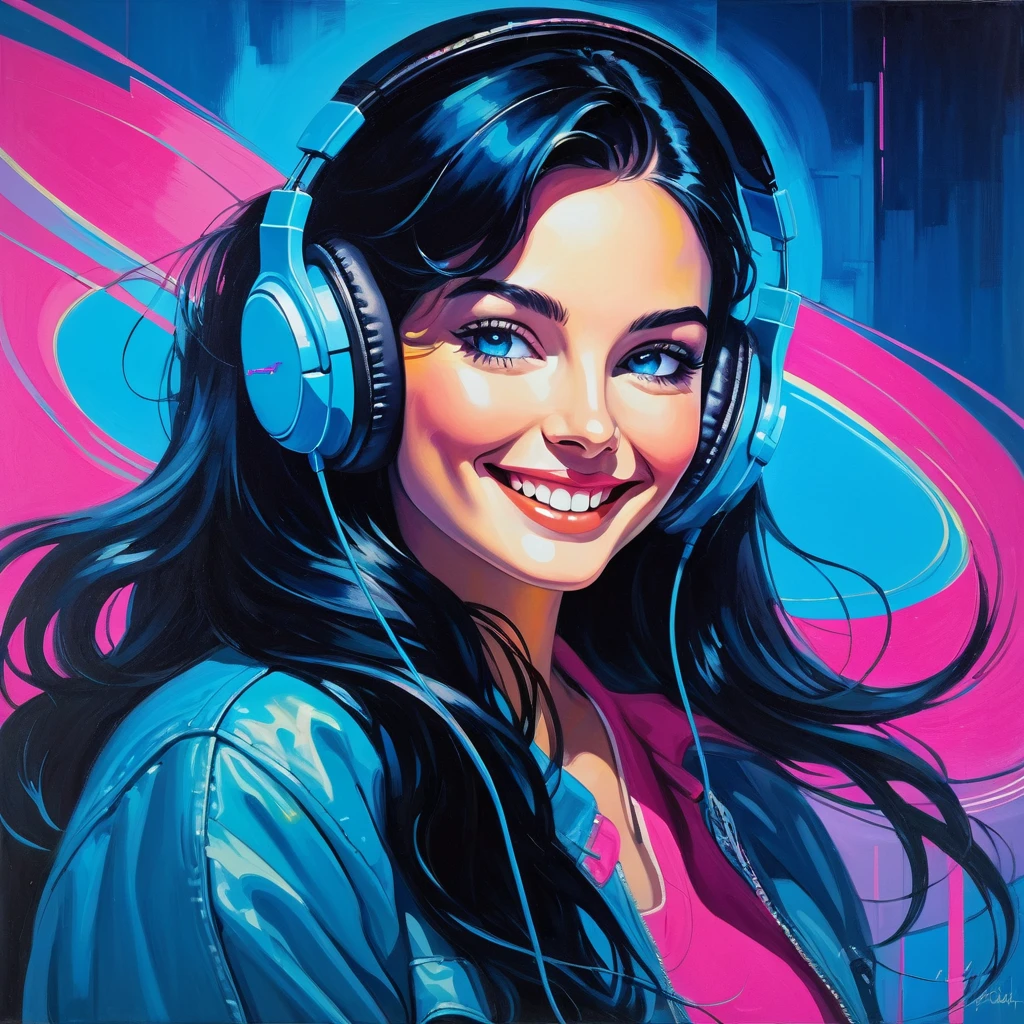 An oil painting of a smiling woman's face, listening to music with modern headphones, in a retrowave style. The woman has fair skin, long wavy black hair, and blue eyes. Her smile is subtle and conveys serenity. The headphones are modern, sleek, and neon blue. The background is simple and uncluttered, focusing entirely on the woman and her serene expression. The painting should capture the essence of the retrowave aesthetic with bright colors and bold, nostalgic elements.