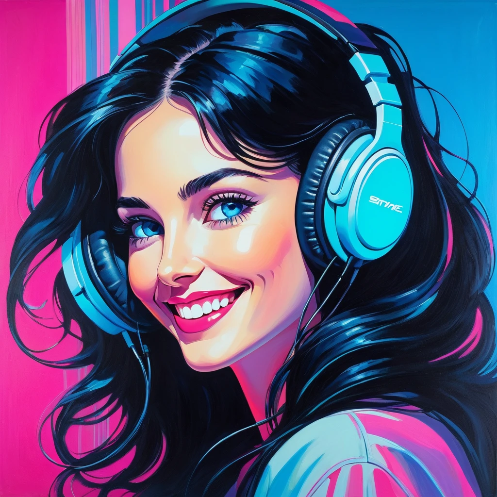 An oil painting of a smiling woman's face, listening to music with modern headphones, in a retrowave style. The woman has fair skin, long wavy black hair, and blue eyes. Her smile is subtle and conveys serenity. The headphones are modern, sleek, and neon blue. The background is simple and uncluttered, focusing entirely on the woman and her serene expression. The painting should capture the essence of the retrowave aesthetic with bright colors and bold, nostalgic elements.