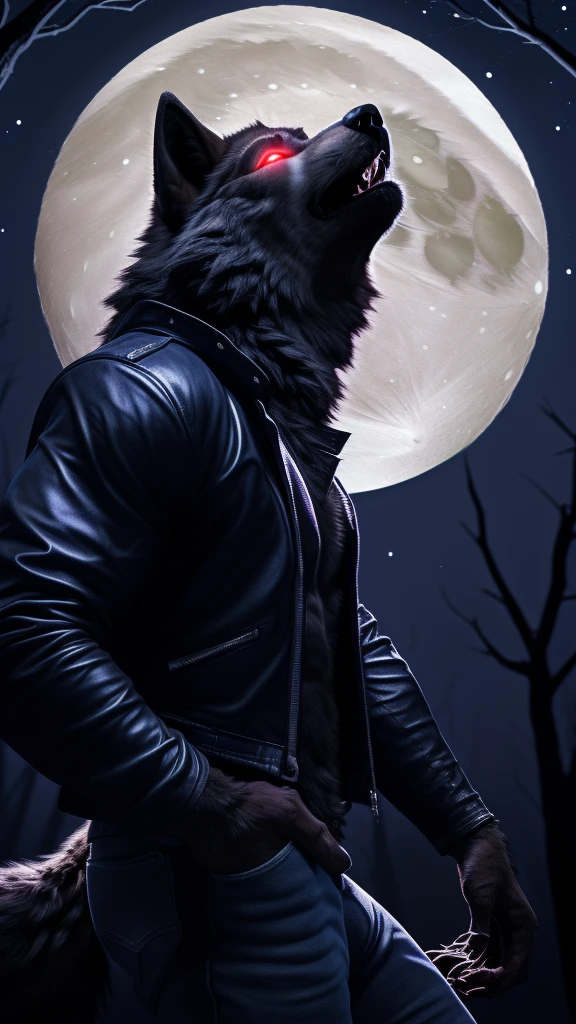 Posing, Male, 30 years old, (howling at the moon:1.8), (black leather jacket:1.8, anthro, wolf ears, (black fur:1.5), wolf, forest background at night, 8k, hi res, (best quality, masterpiece), red glowing eyes, (wolf tail:1.5), detailed fur, realistic, blue jeans