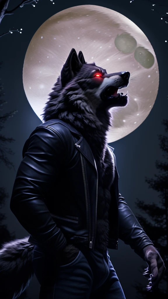 Posing, Male, 30 years old, (howling at the moon:1.8), (black leather jacket:1.8, anthro, wolf ears, (black fur:1.5), wolf, forest background at night, 8k, hi res, (best quality, masterpiece), red glowing eyes, (wolf tail:1.5), detailed fur, realistic, blue jeans