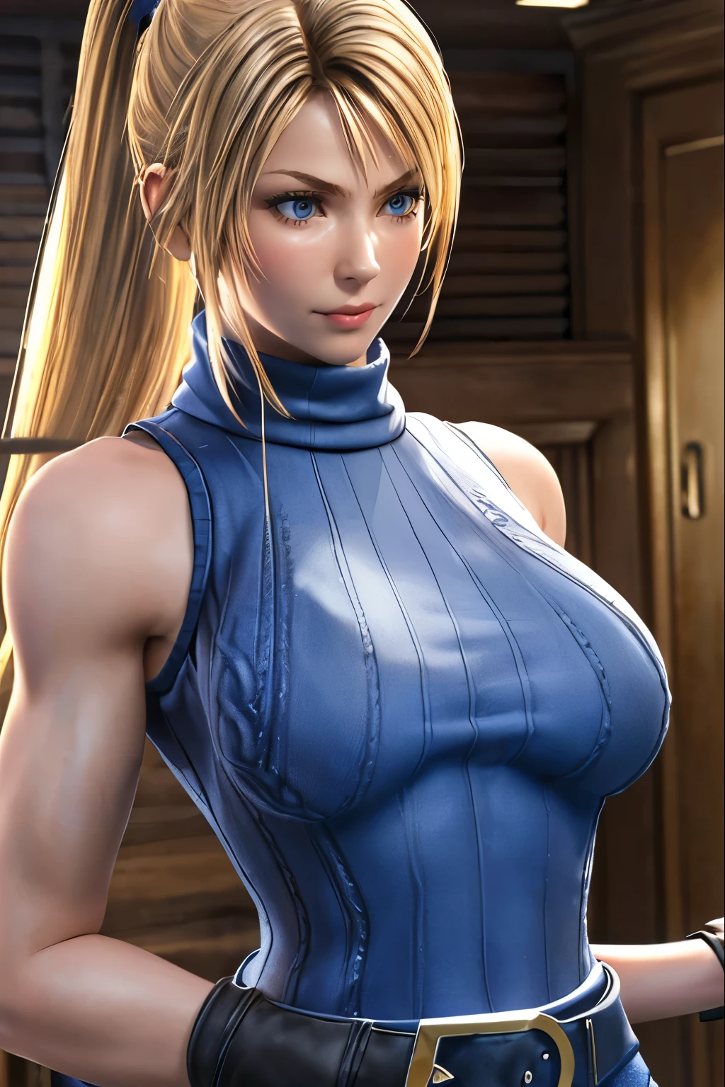 Sarah, blue eyes, very long hair, leaning on bench, (realistic:1.7), (toned arms:1.4), (fighting stance:1.5), (happy:1.8), (skinny girl:1.5), blonde hair, (high ponytail:1.4), floating hair, (detailed sweater:1.4), Shoulders exposed, (arms exposed:1.3), (medium breasts:1.3), (pushed up breasts:1.4), (curvy figure:0.7), (locker room), belt ,(sleeveless:1.6), boots, high heels, earrings, BREAK masterpiece, 1 girl, RAW photo, (best quality:1.2), extremely delicate beautiful, very detailed, 2k wallpaper, amazing, fine details, extremely detailed CG Unity 8k wallpaper, super detailed, high resolution, (beautiful detailed girl:1.2), perfect anatomy, (upper body:1.4), (Realistic, Photorealistic:1.5), (thin nose:1.2), (breast focus:1.3), high nose bridge, (blue clothes:1.2)
