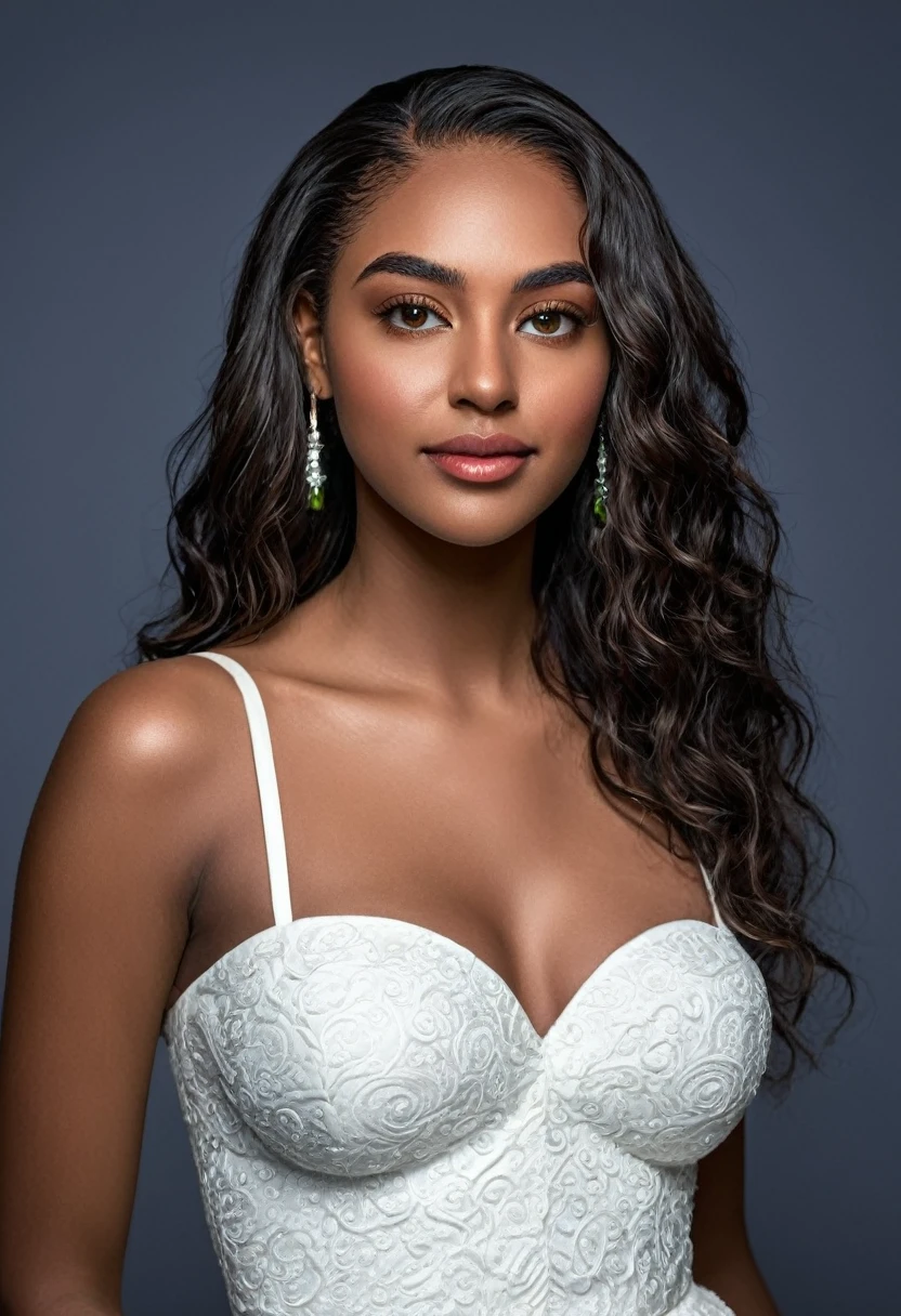 Night photo at event, capture of A beautiful woman, beautiful Latin face, young Brazilian Nyvi Estephan, Brazilian supermodel, serene and elegant beauty, Angolan descent, young adult 30 years old, nerdy woman, tall woman, a stunning black woman, with indigenous features, beautiful indigenous girl, native Brazilian, ((An indigenous African girl with European ebony)), ((her beauty is undeniable)), beautiful young ebony girl with dark skin, tanned Mexican, black hair with brown highlights, curly Black hair with brown highlights, voluminous black hair with brown highlights, vibrant and dynamic cut with soft waves can give a modern and stylish touch. Has an exotic beauty with beautiful green eyes, realistic green eyes, bright green eyes, ultra detailed green eyes, ultra realistic green eyes, natural green eyes, ultra detailed iris, perfect eyes, perfect iris, hyper realistic eyes, eyeliner, long eyelashes and defined, penetrating look that conveys confidence, striking, powerful expression, strong presence, striking makeup, vibrant red lipstick, full lips, voluminous lips, seductive lips, captivating, striking, unforgettable, dazzling and mischievous smile, wide smile, your features are captivating , subtle smile on your lips. beautiful, detailed face, detailed skin texture, notice her perfectly shaped eyebrows that arch gracefully above her eyes, small nose that is proportionate to her face, and soft contour of her face that accentuates her high cheekbones. Beautiful and glowing skin, intricate details, smooth skin, healthy and radiant appearance. Wedding dress, bold, modern and sexy, structured bodice, is tight and structured, outlining the bride's silhouette. tight at the waist; the dress has a heart-shaped neckline, highlighting the bust area in an elegant way; a white skirt, short and voluminous, she wears a veil, short, falling to her shoulders, and is tied around her head, the skirt shows off her thick thighs. 3D 4k, high resolution, full sharpness photo realistic,