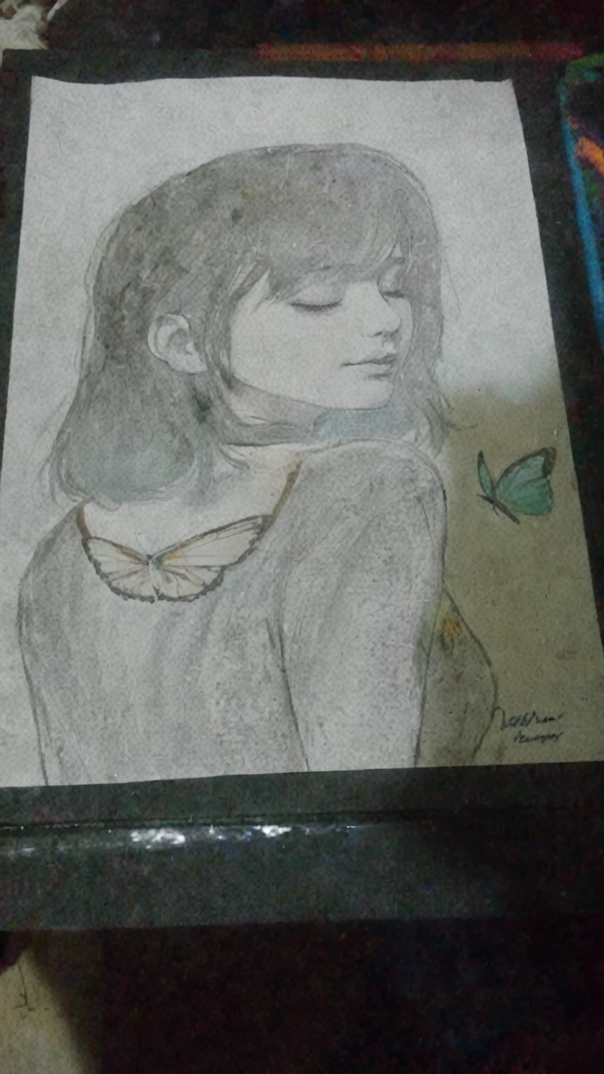 Realistic photo of a girl with closed eyes and a butterfly flying behind her back