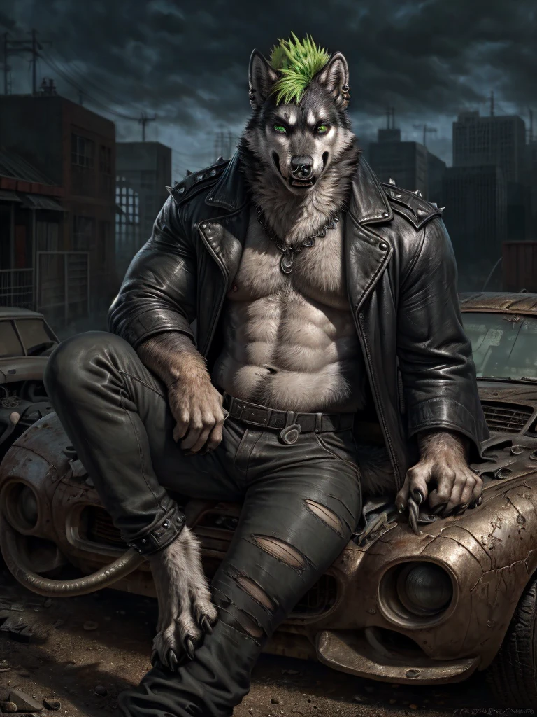 Junkyard setting, recked cars, wolf, husky, canine, punk goth clothing, black trenchcoat, sitting on crushed car, muscular, barazoku, evil grin, torn clothing, green Mohawk, green eyes, snake bite piercings on lower lip, two eyebrow piercings on right eyebrow, septum piercing,
by taran fiddler, [by morticus], (Sharp focus, masterpiece, 8k, intricate artwork, hyper detailed, high detail),