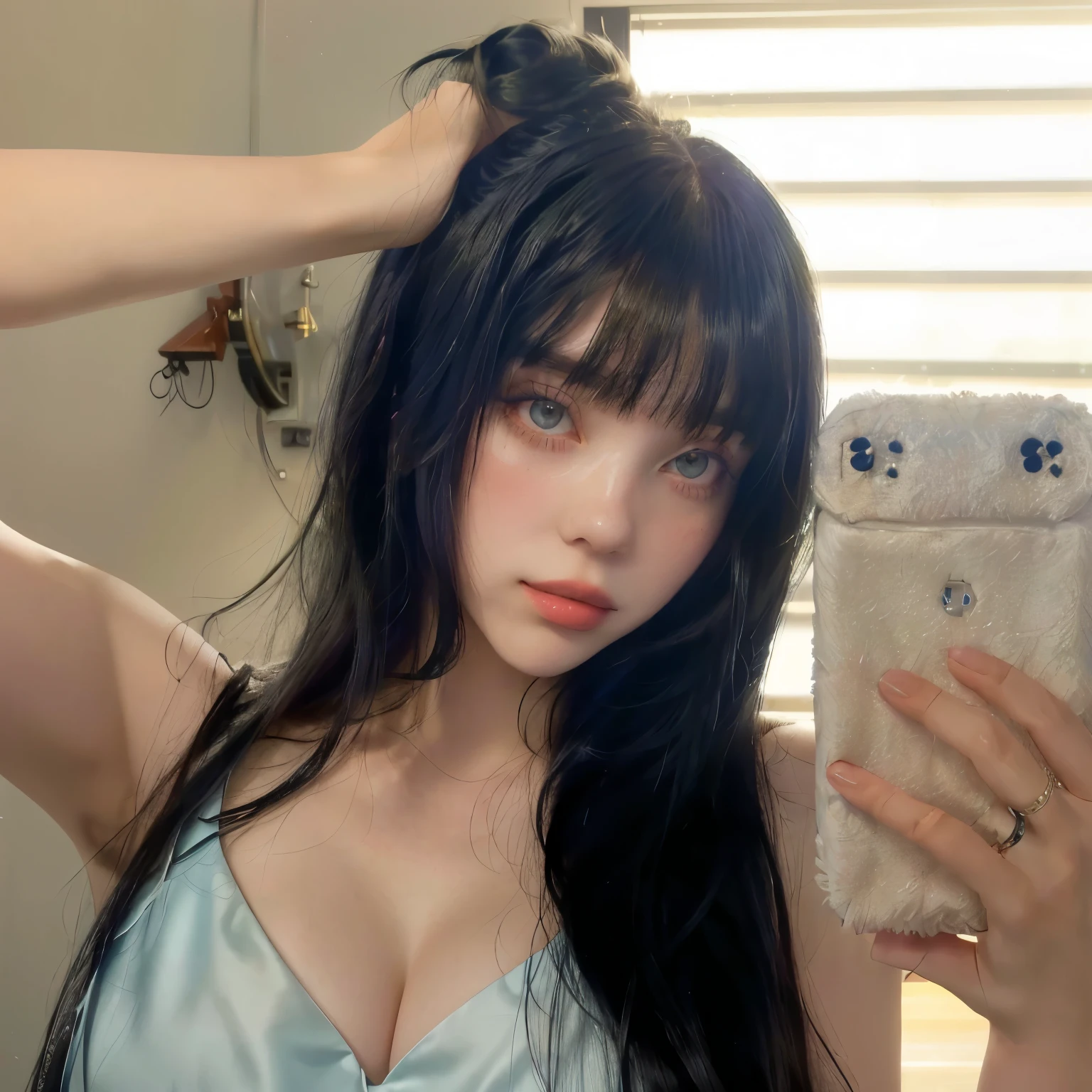 araffe girl with long black hair and a blue dress taking a selfie, belle delphine, she has black hair with bangs, long black hair with bangs, long dark hair with bangs, long hair with bangs, long hair with full bangs, black hair and large eyes, anime girl in real life, with full bangs, long straight bangs, hair blackbangs hair