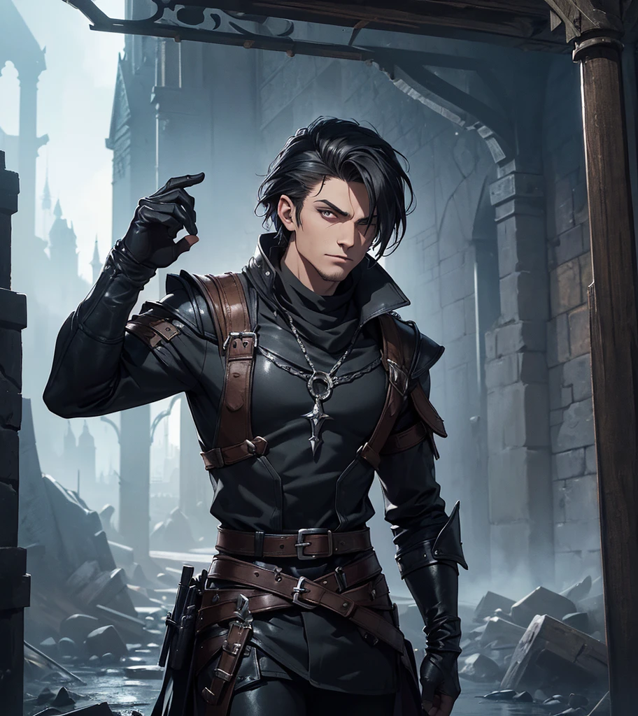 (((Solo character image.))) (((Generate a single character image.))) (((Looks like Adonis.))) (((Appears to be 20 years old with youthful looks.))) (((Dark and sinister background at night.))) (((Alpha male))) (((Solo character image.))) (((Generate a single character image.))) Dark fantasy art, (((Dark, night time background.))) (((Strong elements of dark medieval fantasy.))) (((Sexy and handsome male.))) (((This is an urban explorer in a dark fantasy realm.))) Night background. Dark. Eerie. Dark fantasy art, short cropped blond hair, Scoundrel. Vagabond. Miscreant. Knave. This is an urban explorer in a dark fantasy realm. Looks mysterious, wearing a black shirt, black pants and black boots. Looks like a sneaky rogue in medieval fantasy urban setting. Looks like a shady rogue in a medieval fantasy setting. Looks like a medieval fantasy male character. Looks like a male rogue for Dungeons & Dragons in a medieval fantasy setting. Wears lots of black clothing. Looks like a handsome criminal for a medieval fantasy setting. Looks shifty. Looks suspicious. Looks untrustworthy. wearing black leather medieval clothing, sneaky, rogue, muscular, gorgeous face, fantasy artwork, fantasy attire, fantasy adventurer, masterpiece:1.3,madly detailed photo:1.2, hyper-realistic lifelike texture:1.4, picture-perfect:1.0,8k, HQ,best quality:1.0, (masterpiece,fantasy,art, best quality, unreal engine, 8k, ultra HD, centered image, absurdres