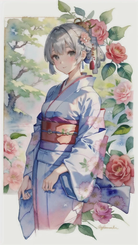 Poster,(Watercolor:1.2, 水分の多いWatercolor, 滲んだWatercolor),((Art Deco,Botanical Art,Flower Art)),(Floral:1.2),Crimson rose flower, (masterpiece, Highest quality),(Vibrant colors,colorful),(Amazing details,Detailed Background),Anatomically correct,Accurate drawing,Detail View,Sense of luxury, Perfect Anatomy, girl, かわいいgirl, Grey Hair, Grey Eyes, (kimono:1.5)