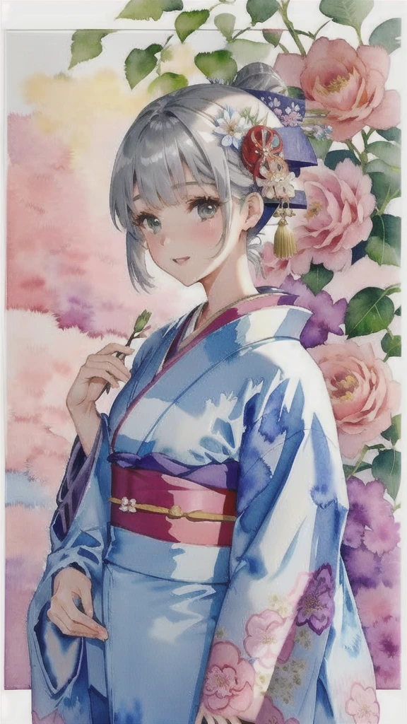 Poster,(Watercolor:1.2, 水分の多いWatercolor, 滲んだWatercolor),((Art Deco,Botanical Art,Flower Art)),(Floral:1.2),Crimson rose flower, (masterpiece, Highest quality),(Vibrant colors,colorful),(Amazing details,Detailed Background),Anatomically correct,Accurate drawing,Detail View,Sense of luxury, Perfect Anatomy, girl, かわいいgirl, Grey Hair, Grey Eyes, (kimono:1.5)