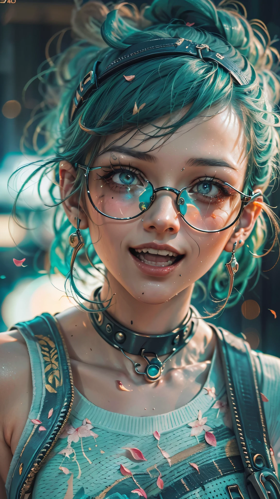 A young girl with vibrant green hair, cyberpunk style cyborg girl, appears overexcited and very happy, wearing round glasses, in a sexy pose with tied hair, manga style, beautiful detailed face, colorful summer clothes, highly realistic, vibrant colors, dynamic point of view, looking directly at the camera, sunset background, (best quality,4k,8k,highres,masterpiece:1.2),ultra-detailed,(realistic,photorealistic,photo-realistic:1.37)