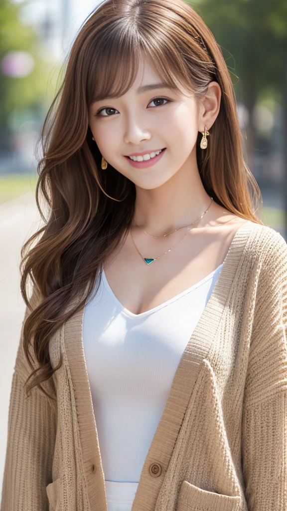 Ultra-high resolution, Superior Quality, Highest quality, Very detailed, Realistic, 8K, RAW Photos, Highest quality, masterpiece, Attractive girl, Awesome girl, Light brown hair、Wavy Hair、 hairstyle semi long、Mesh Hair, Japanese Idols, ear piercing、Necklace around the neck、cardigan、smile
