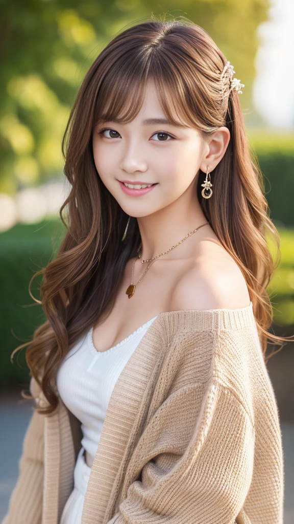 Ultra-high resolution, Superior Quality, Highest quality, Very detailed, Realistic, 8K, RAW Photos, Highest quality, masterpiece, Attractive girl, Awesome girl, Light brown hair、Wavy Hair、 hairstyle semi long、Mesh Hair, Japanese Idols, ear piercing、Necklace around the neck、cardigan、smile